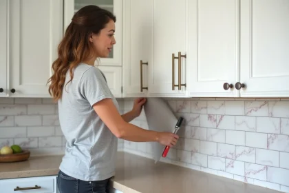Femme appliquant un revêtement mural autocollant grande surface sur le crédence d'une cuisine moderne