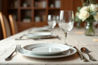 Table dressée avec verre positionné en diagonale par rapport à l'assiette selon la méthode classique de placement