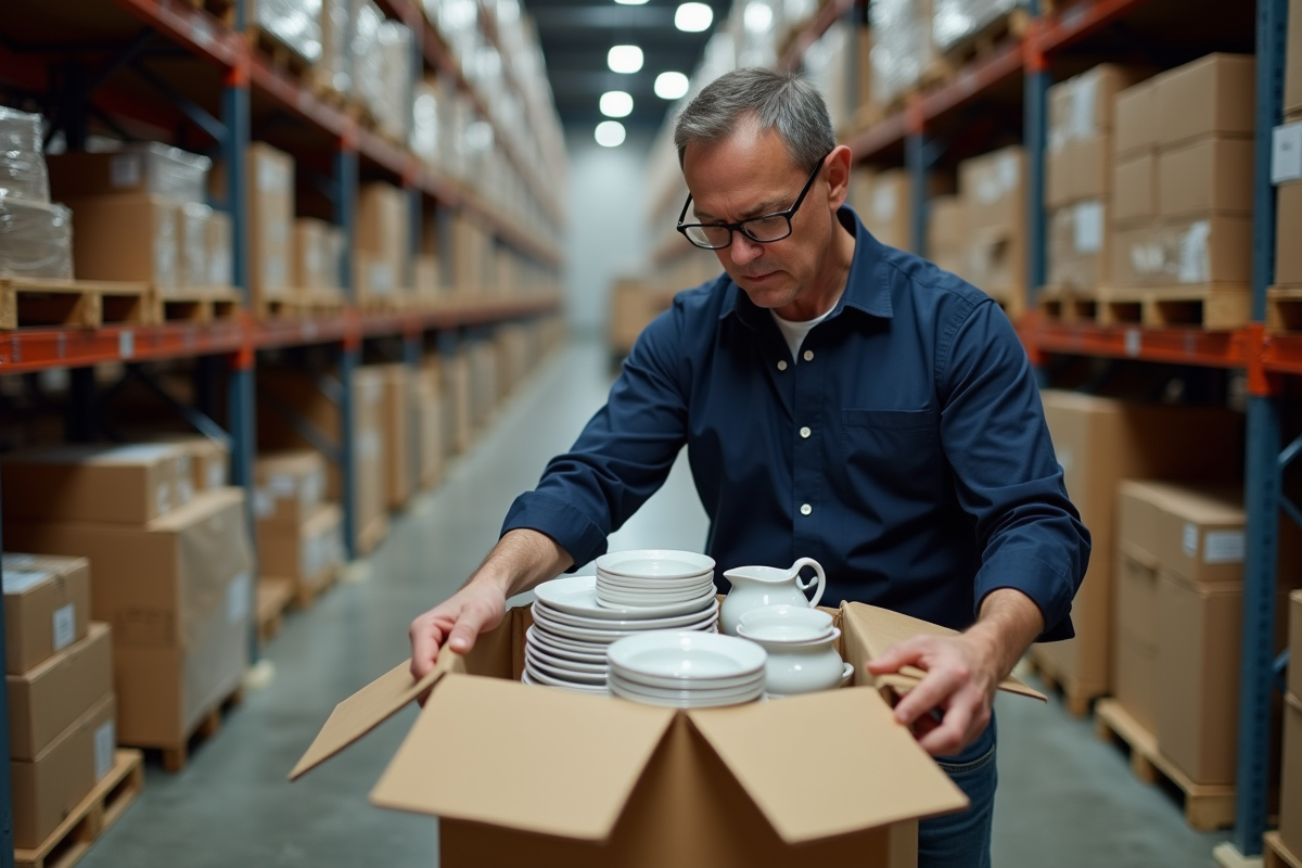 Homme posant une etiquette fragile sur un carton de porcelaine