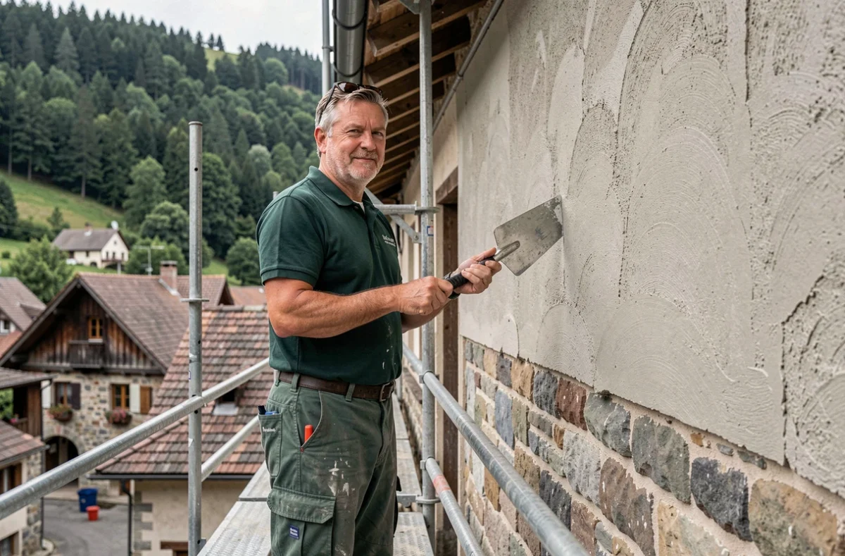 Spécialiste de Pro Façade Jura appliquant un enduit silicone sur une maison jurassienne à Lons-le-Saunier