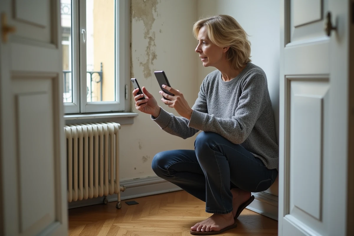 Propriétaire d'appartement en copropriété inspectant et photographiant une zone d'humidité sur un mur intérieur