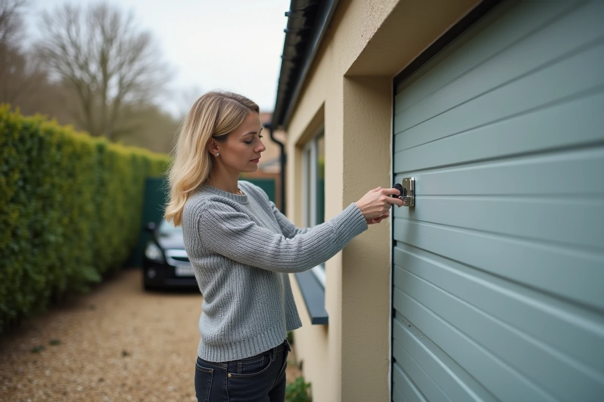 Propriétaire testant la serrure anti-effraction de son garage sécurisé
