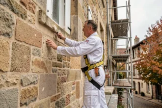 Travaux de ravalement de façade sur un bâtiment en pierre typique de Bourgogne-Franche-Comté
