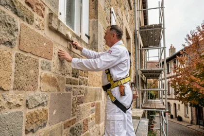 Travaux de ravalement de façade sur un bâtiment en pierre typique de Bourgogne-Franche-Comté