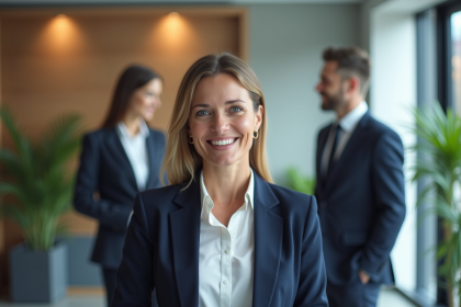 Réceptionniste souriante accueillant un couple dans un bureau moderne