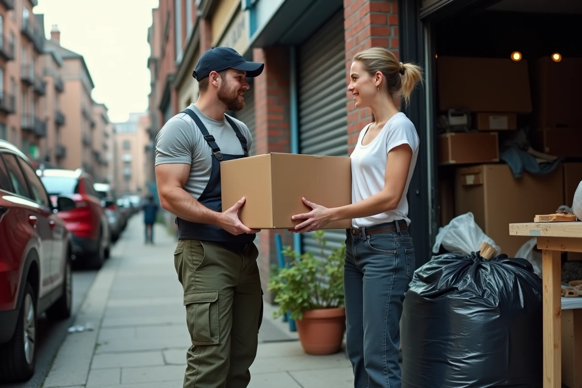 Femme remettant des cartons à un agent de débarras devant un garage urbain avec rue visible