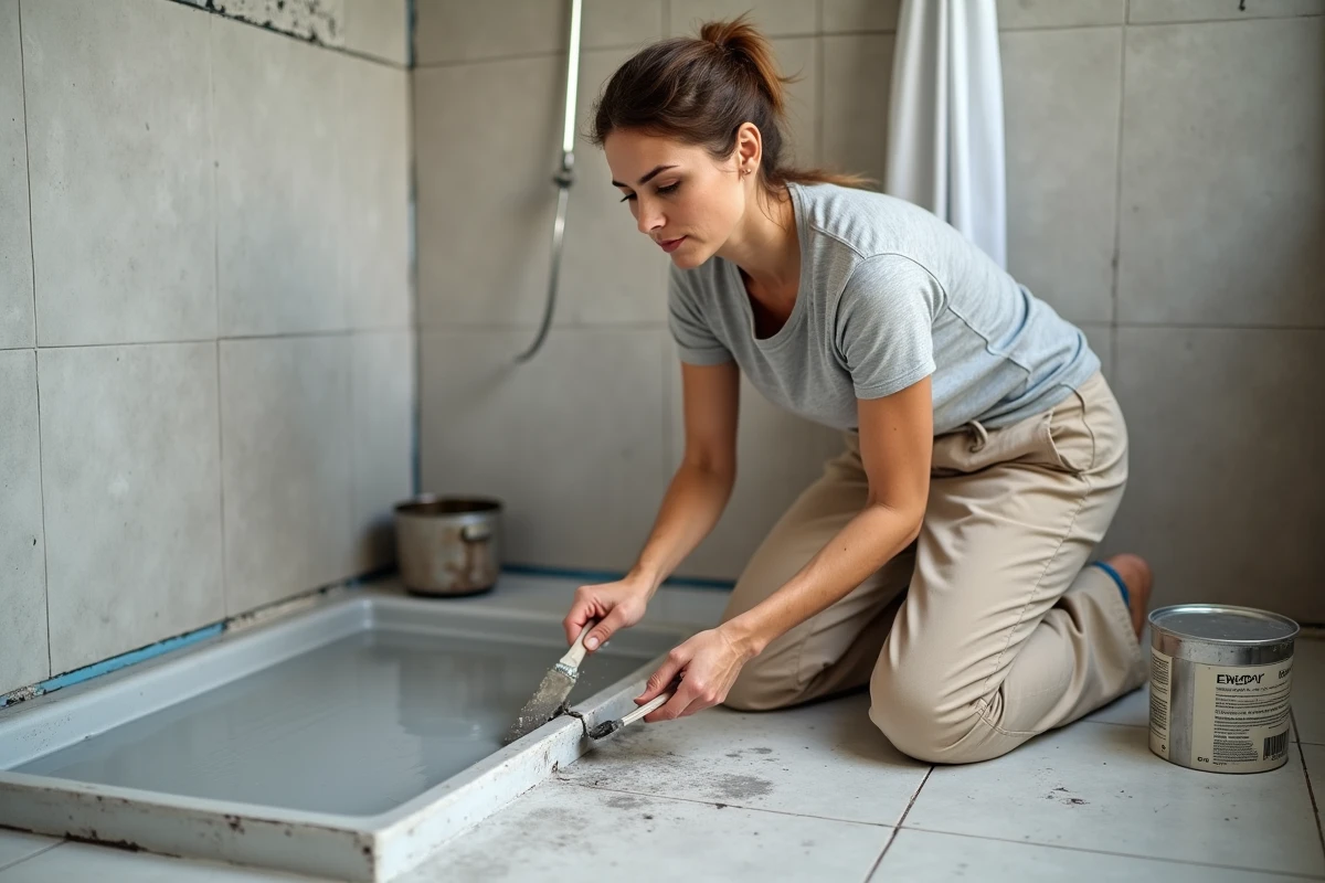 Femme rénovant des joints de douche abîmés en appliquant un joint époxy sur carrelage en grès cérame