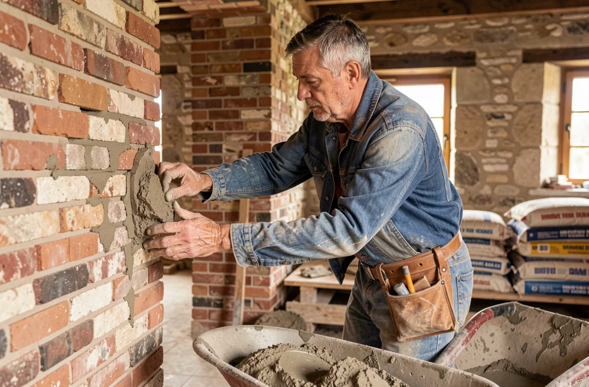 Maçon généraliste appliquant du mortier sur un mur en brique lors d'une rénovation à Cappelle-la-Grande dans le Nord