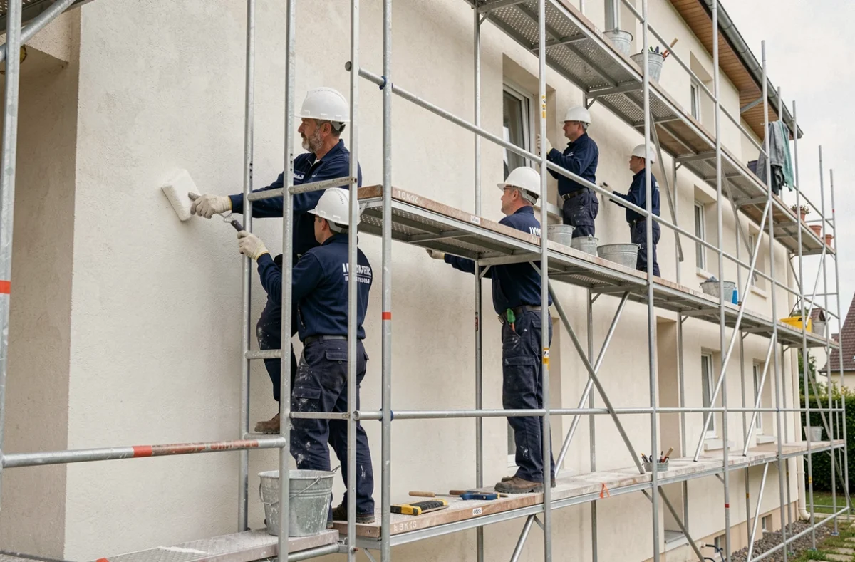 Équipe de Renovatis France appliquant un enduit de façade sur un immeuble résidentiel à Dijon