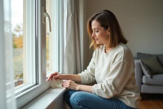 Femme nettoyant un cadre PVC avec spatule dans un salon lumineux