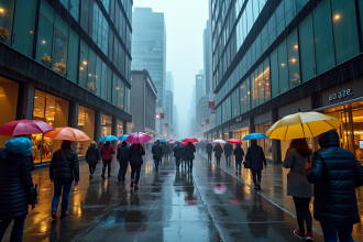 Rue animée sous la pluie avec des ombrelles colorées