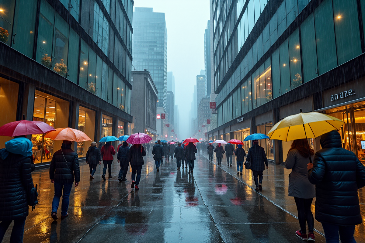 Rue animée sous la pluie avec des ombrelles colorées