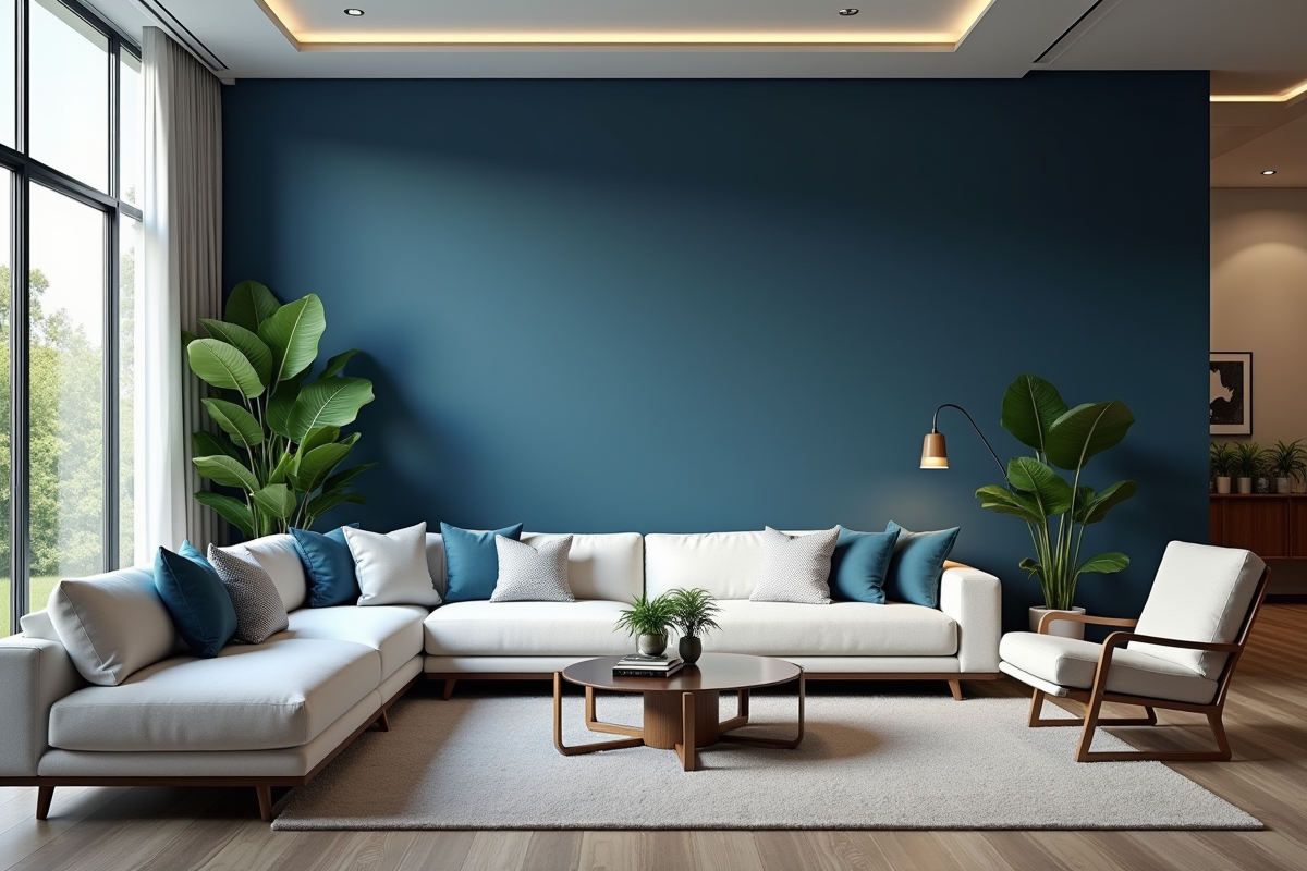 Salon moderne avec mur bleu et plantes vertes