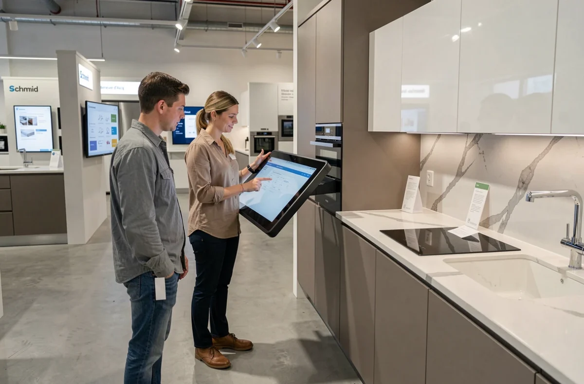 Cuisine Schmidt bicolore taupe mat et blanc brillant avec terminal de configuration numérique dans le showroom de Villeneuve-d'Ascq