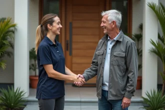 Professionnelle de services à domicile serrant la main d'un propriétaire à l'entrée de sa maison, illustrant la confiance et la sélection rigoureuse des prestataires Wecaza