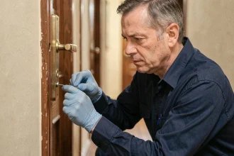 Serrurier professionnel réparant une serrure de porte d'appartement sans abîmer le bâti