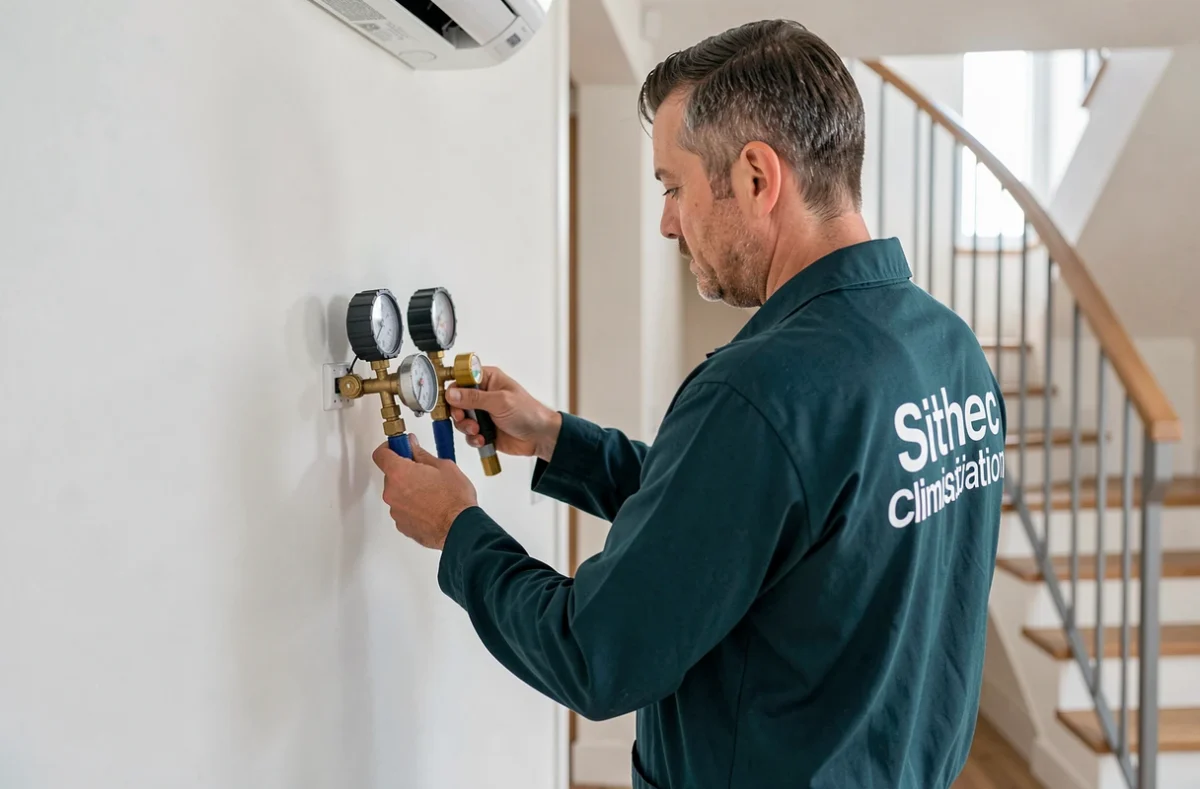 Technicien Sithec Climatisation effectuant un diagnostic avec des manomètres sur une unité murale dans un couloir résidentiel