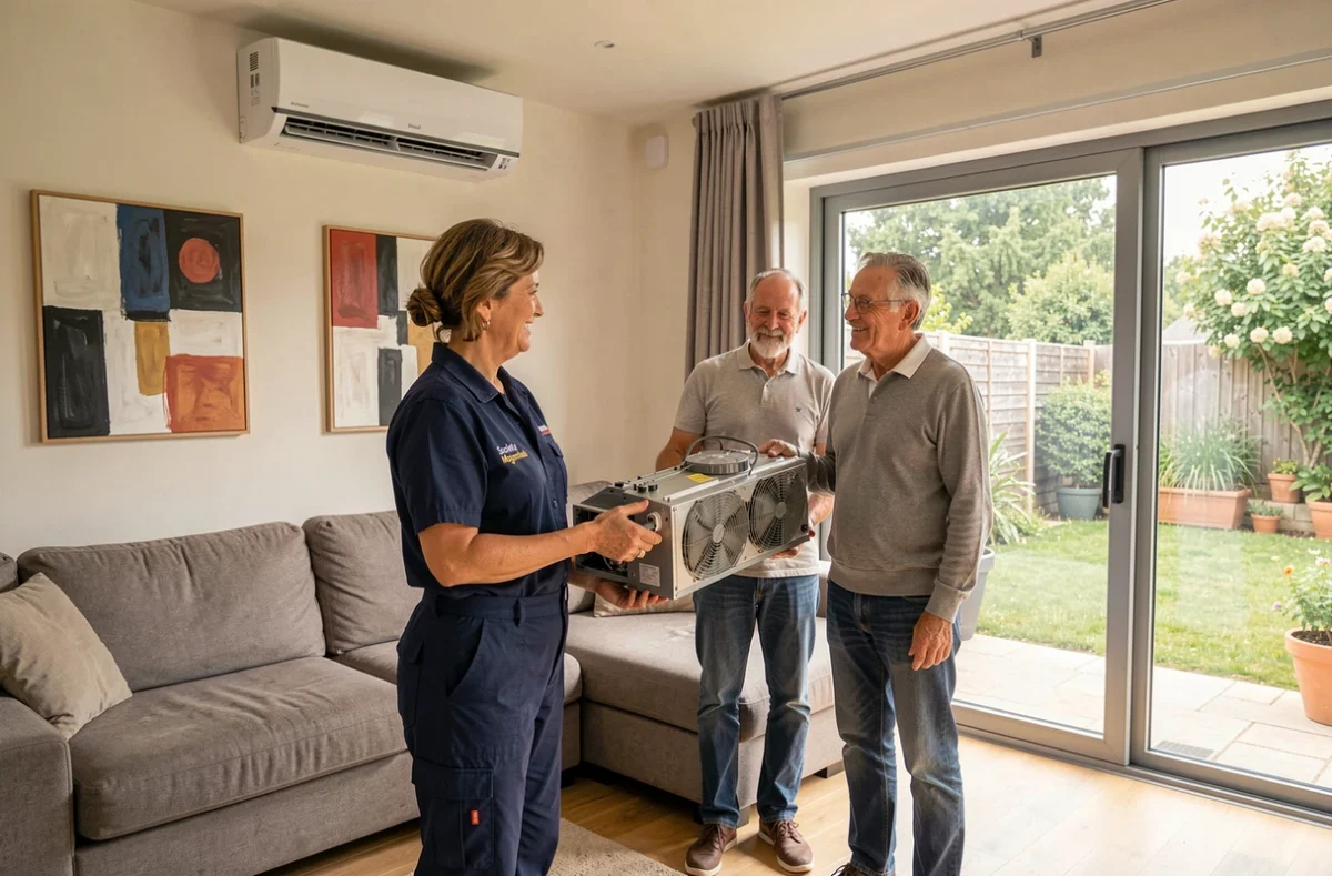 Technicienne Société Mogentale présentant une installation de climatisation à un couple de propriétaires dans leur salon moderne