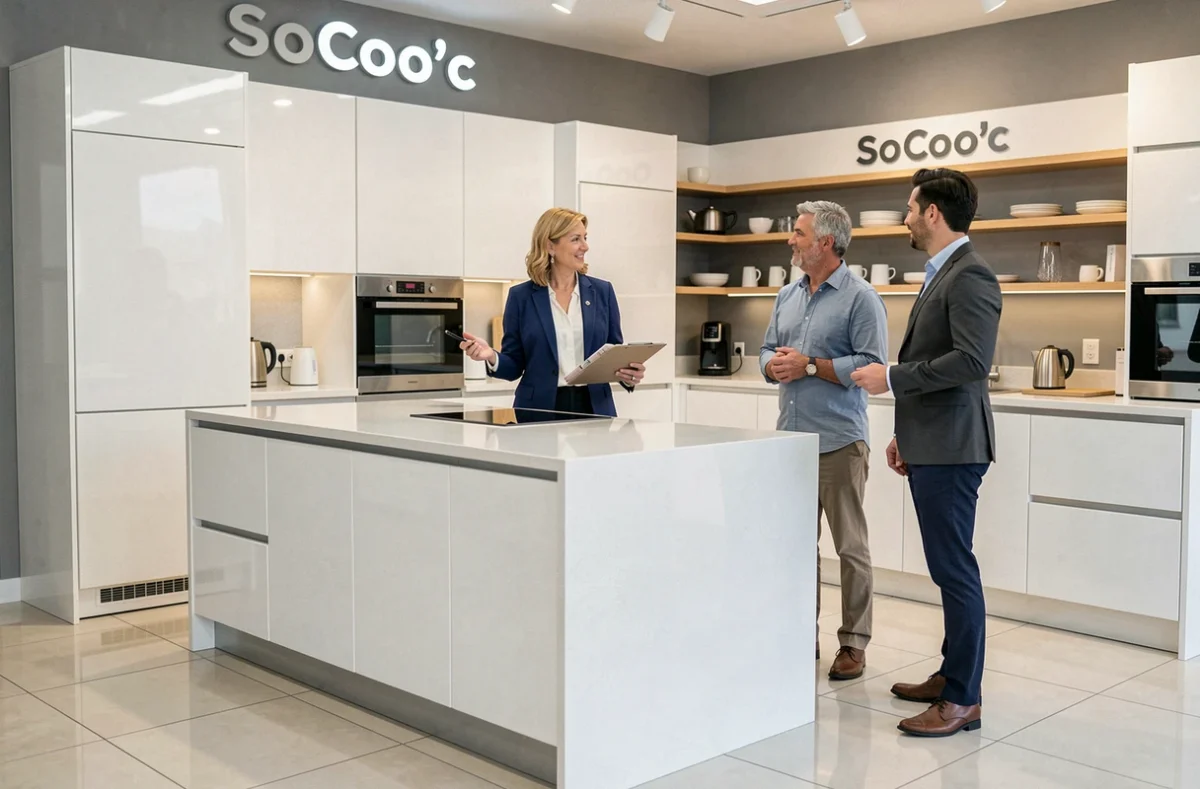 Cuisine exposée dans le showroom SoCoo'c de Lille avec une conseillère présentant des modèles blancs laqués à un couple
