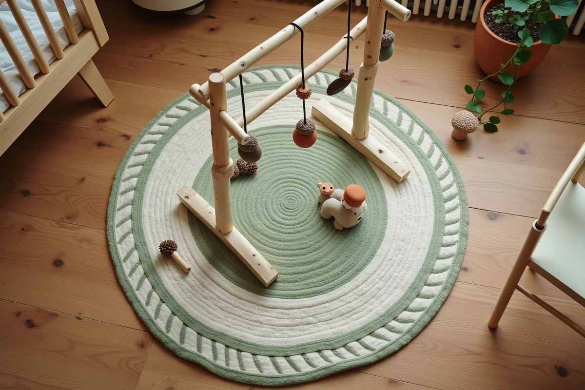 Vue aérienne du sol d'une chambre bébé nature avec tapis rond tissé, arche de jeu en bouleau et jouets en bois