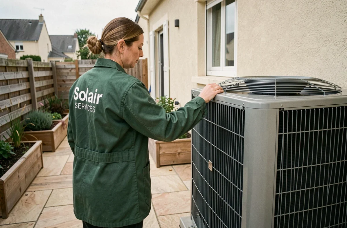 Technicienne Sol'air Services inspectant une unité extérieure de climatisation sur une terrasse pavillonnaire