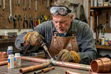 Soudeur professionnel appliquant de la soudure sur un joint cuivre-zinc dans un atelier de métallurgie
