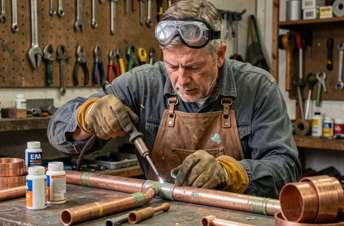 Soudeur professionnel appliquant de la soudure sur un joint cuivre-zinc dans un atelier de métallurgie