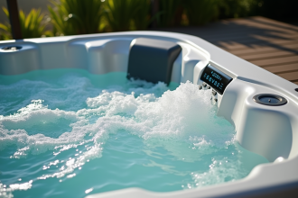 Spa extérieur moderne avec eau bouillonnante en plein jour