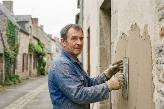 Specialiste en facade appliquant un enduit frais sur un mur rural