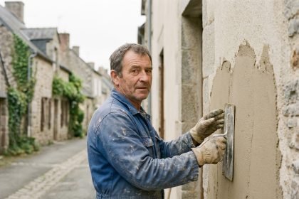 Specialiste en facade appliquant un enduit frais sur un mur rural