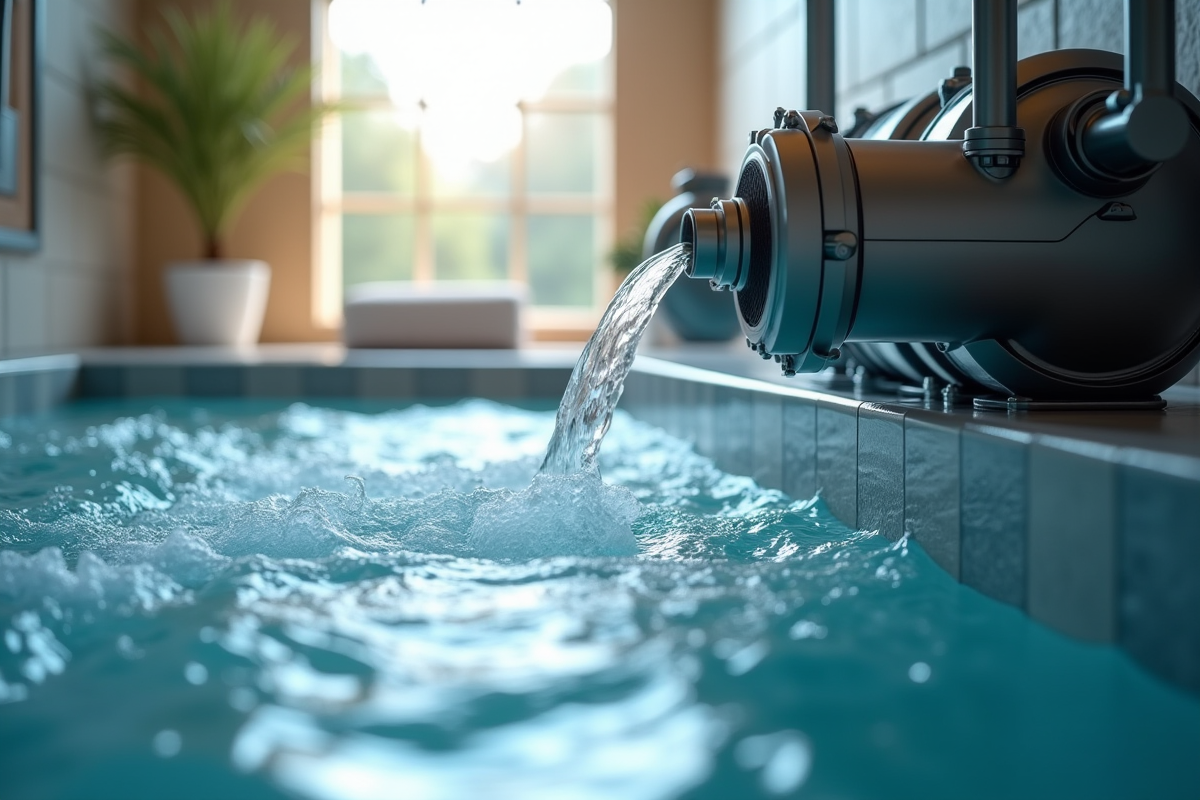 Détail du système de filtration du spa avec eau en mouvement