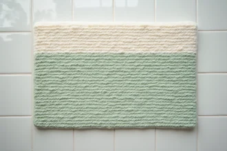 Tapis de bain antidérapant écologique en coton bio texturé sur carrelage gris, vu de dessus
