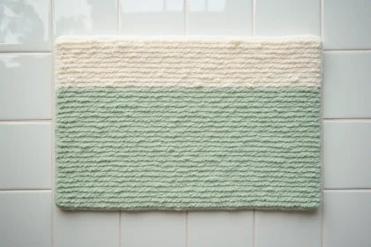 Tapis de bain antidérapant écologique en coton bio texturé sur carrelage gris, vu de dessus