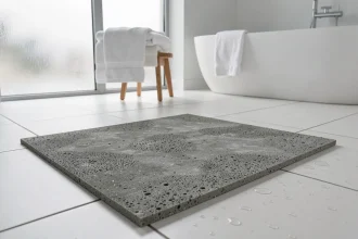 Tapis de bain en diatomite gris posé sur carrelage blanc dans une salle de bain moderne avec baignoire