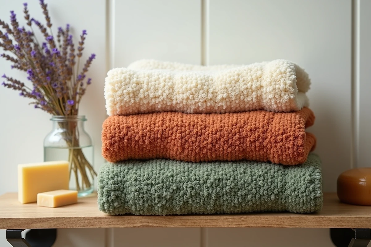 Trois tapis de bain écologiques empilés en fibres naturelles chanvre et coton recyclé sur étagère en bois