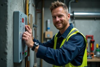Technicien en overalls installant un panneau RIBO T dans une pièce moderne