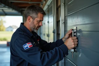 Technicien posant un système anti-effraction sur une porte de garage sectionnelle