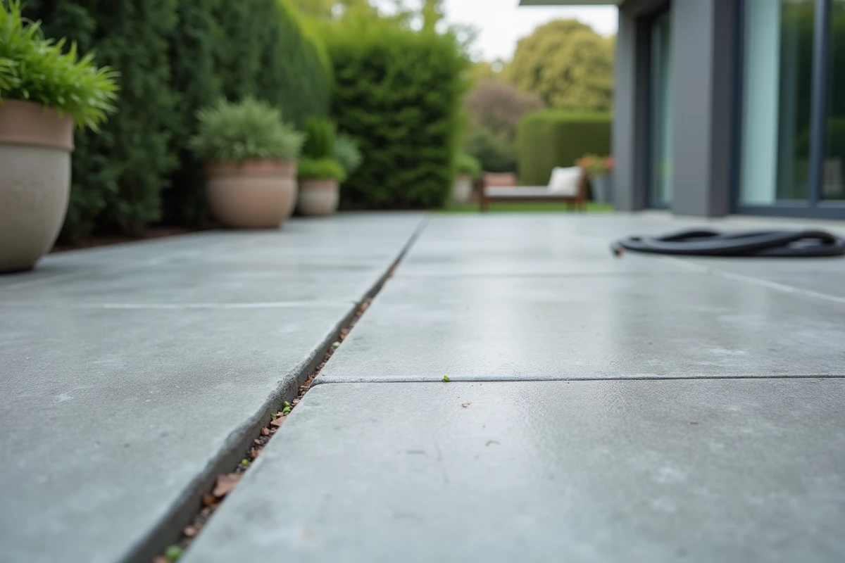 Gros plan sur la texture d'une dalle béton extérieure finie avec joints de dilatation sur une terrasse résidentielle