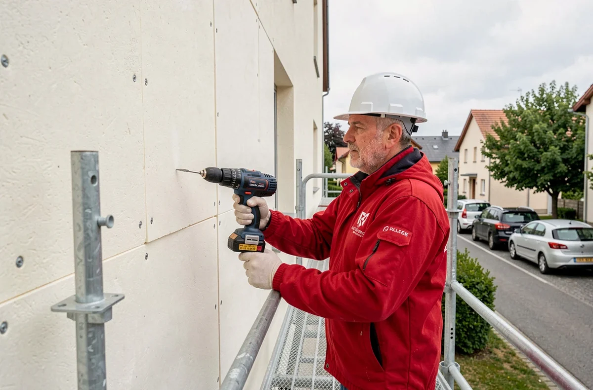 Technicien de Therizol Habitat posant des panneaux d'isolation thermique par l'extérieur en Franche-Comté