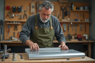 Artisan bricoleur mesurant un tube aluminium rectangulaire 6060 sur un établi en bois dans un atelier de bricolage