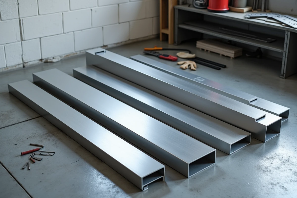 Tubes en aluminium rectangulaire 6060 disposés sur un sol en béton dans un garage avec outils de découpe et équipements de bricolage