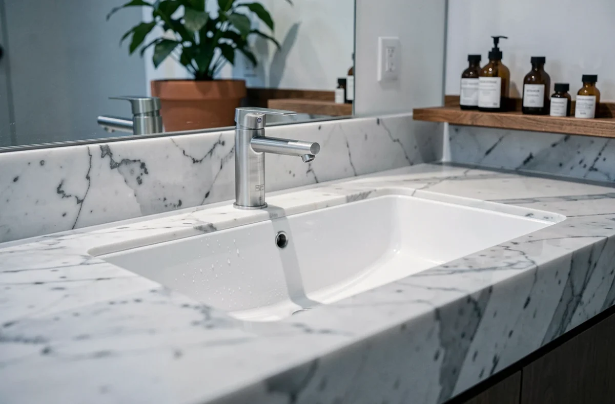 Vasque rectangulaire encastrée en céramique blanche sur plan en marbre de Carrare dans une salle de bain contemporaine