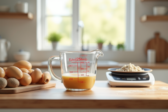 Verre mesure 250 ml sur plan de travail moderne cuisine