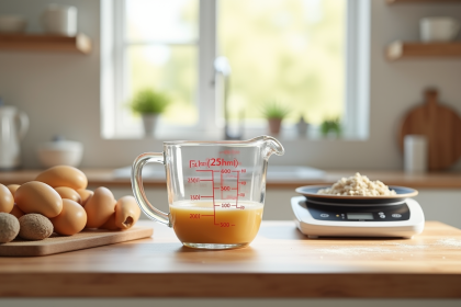 Verre mesure 250 ml sur plan de travail moderne cuisine
