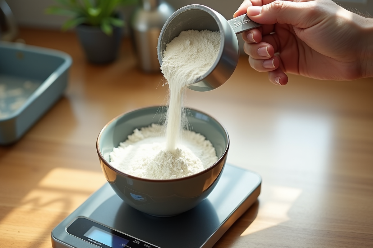Verser farine dans bol sur balance en cuisine naturelle