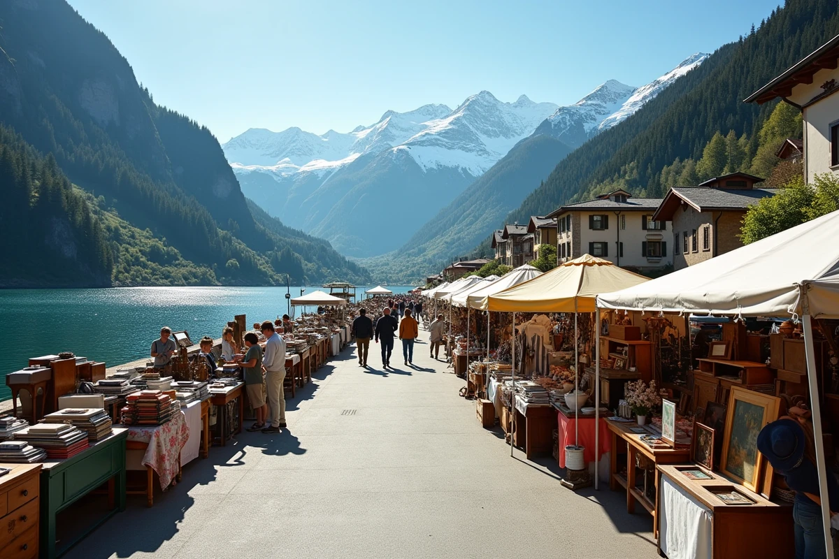 Vue panoramique d'un grand vide grenier en bord de lac à Annecy avec les Alpes en arrière-plan
