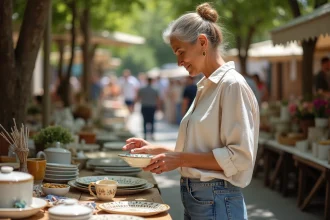 Femme fouinant dans les objets d'un vide grenier à Annecy en plein air par une journée ensoleillée