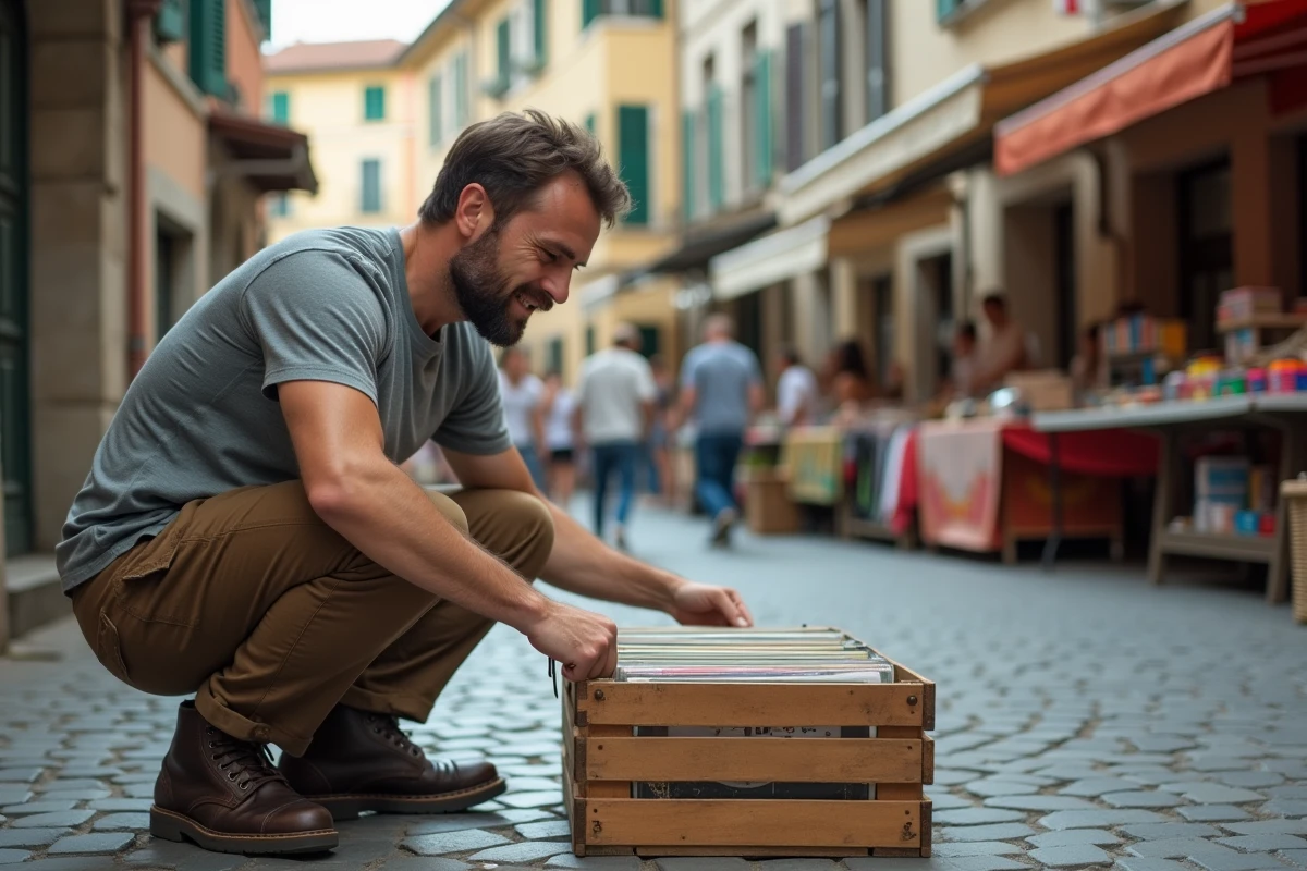 Homme cherchant des vinyles dans un vide grenier sur une place pavée de la vieille ville d'Annecy