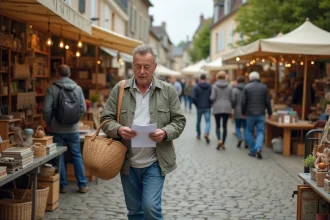 Homme d'âge moyen parcourant un vide grenier rural en France