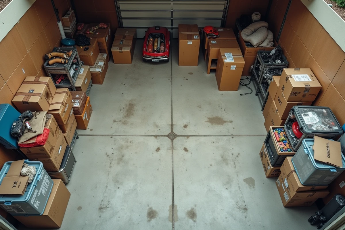 Vue aérienne d'un sol de garage urbain couvert d'objets triés et étiquetés pour un débarras organisé
